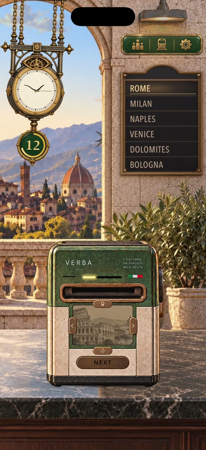 The Verba station by day: a ticket machine on a marble desk, the departures board, and Florence through the arch